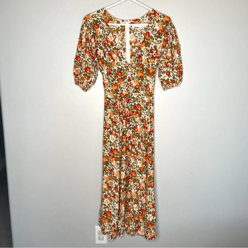 Faithfull the Brand‎ Anthropologie Delia Midi Dress in Floral Le Rose Apricot 6